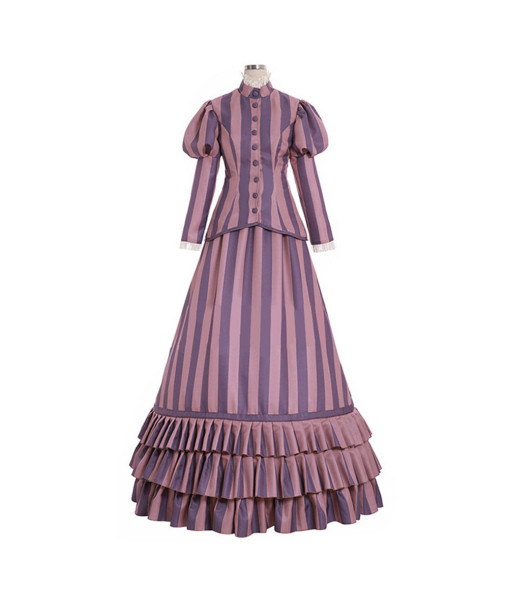 Women Light Purple Stripe Victorian Gown Halloween Costume