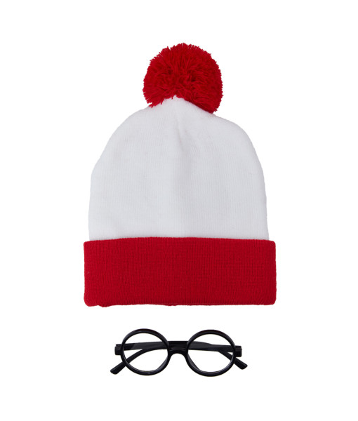 White Knitted Hat Red brim with Glasses Bundle Halloween Costume Accessories