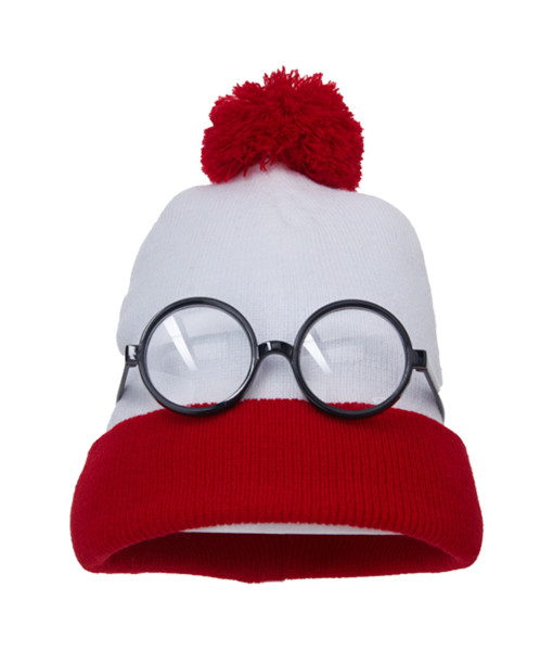 White Knitted Hat Red brim with Glasses Bundle Halloween Costume Accessories