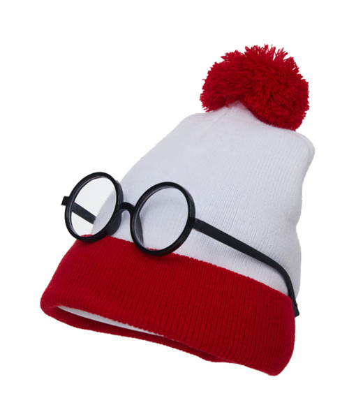 White Knitted Hat Red brim with Glasses Bundle Halloween Costume Accessories