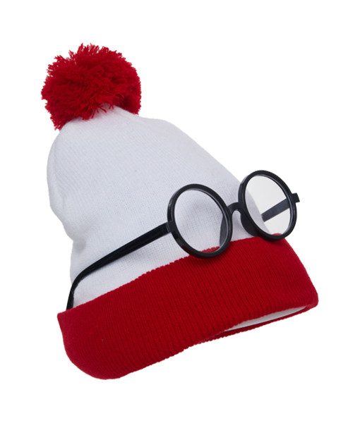 White Knitted Hat Red brim with Glasses Bundle Halloween Costume Accessories