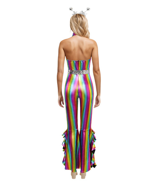 Women 80s Vintage Rainbow Strip Shining Flare Jumpsuit Fullset Stage Halloween Costume