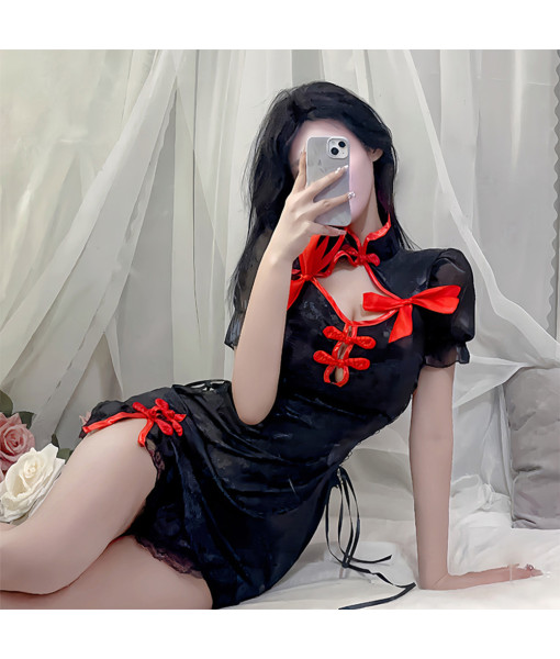 Women Black Sexy Lingerie Chinese Cheongsam Slim fit Dress with Red Bow Halloween Costume