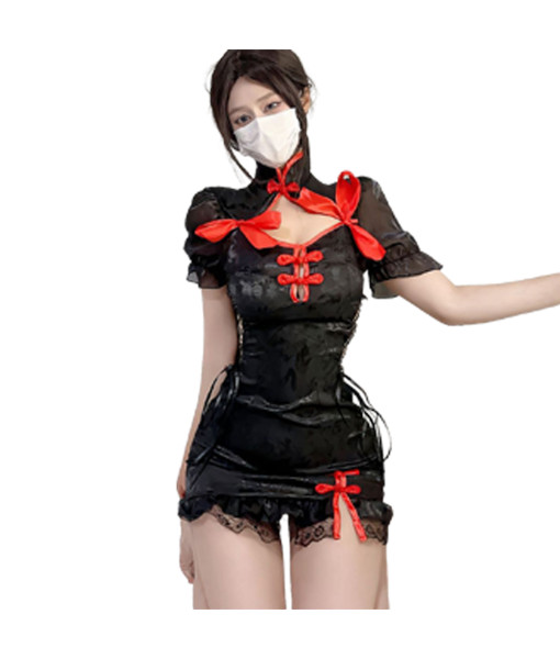 Women Black Sexy Lingerie Chinese Cheongsam Slim fit Dress with Red Bow Halloween Costume