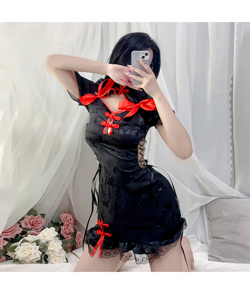 Women Black Sexy Lingerie Chinese Cheongsam Slim fit Dress with Red Bow Halloween Costume