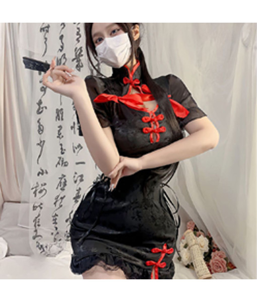 Women Black Sexy Lingerie Chinese Cheongsam Slim fit Dress with Red Bow Halloween Costume