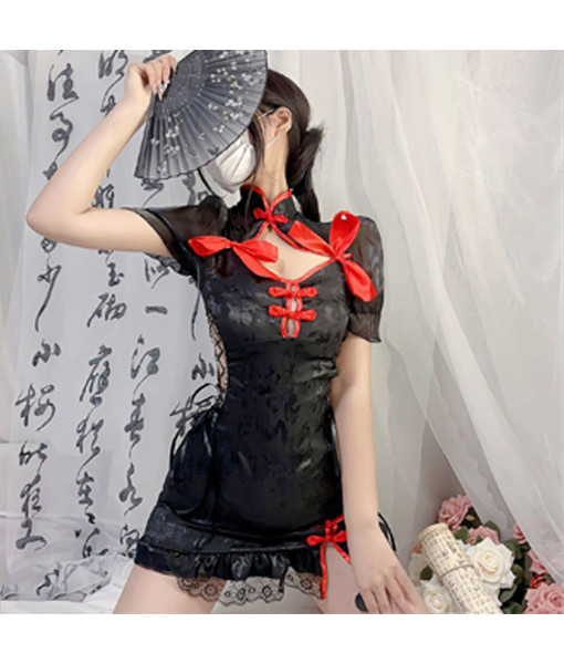 Women Black Sexy Lingerie Chinese Cheongsam Slim fit Dress with Red Bow Halloween Costume