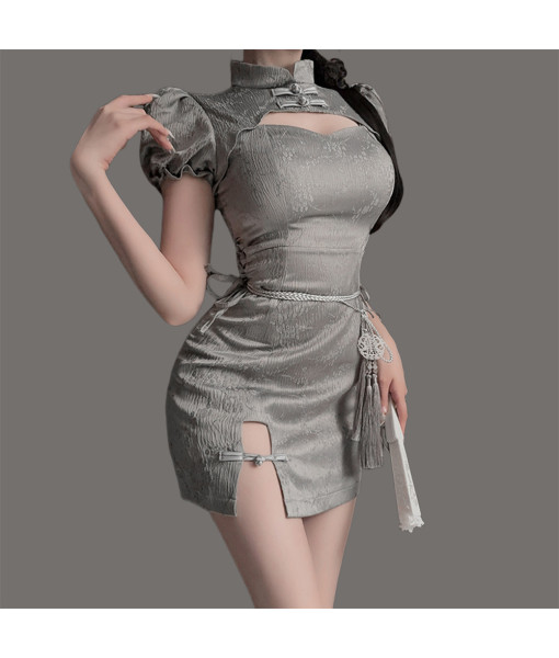 Women Grey Sexy Lingerie Chinese Cheongsam Slim-Fit Halloween Costume