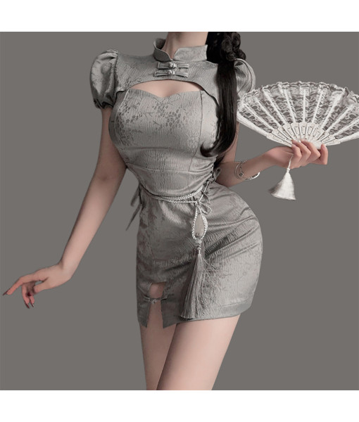 Women Grey Sexy Lingerie Chinese Cheongsam Slim-Fit Halloween Costume