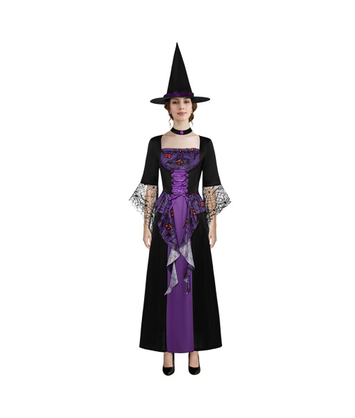 Women Purple Dress Web Sleeves Luxury Witch Role Play Fullset Halloween Costume