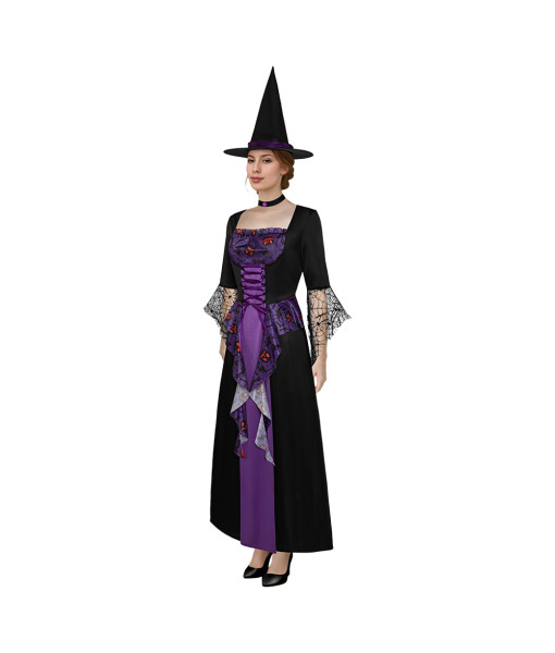 Women Purple Dress Web Sleeves Luxury Witch Role Play Fullset Halloween Costume