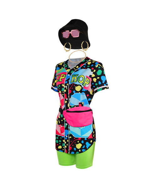 1980s Hip Hop Vintage Black Printed 7Pcs Set Outfit