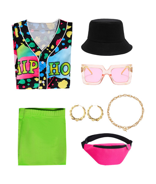1980s Hip Hop Vintage Black Printed 7Pcs Set Outfit