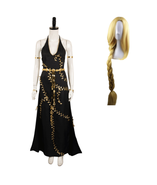 Women Black Low Cut Dress Golden Trim Fantasy Halloween Costume