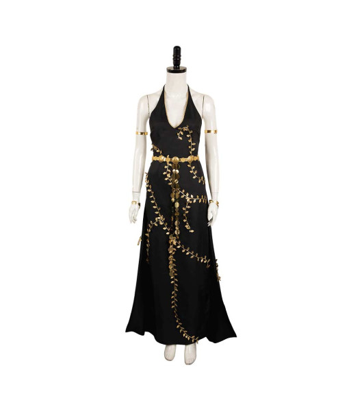 Women Black Low Cut Dress Golden Trim Fantasy Halloween Costume