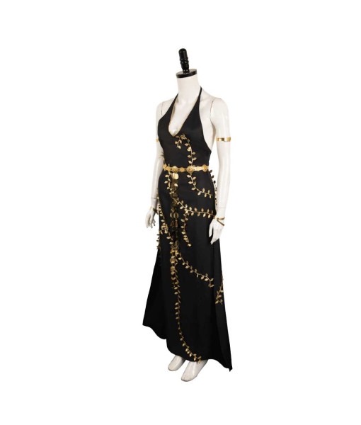 Women Black Low Cut Dress Golden Trim Fantasy Halloween Costume