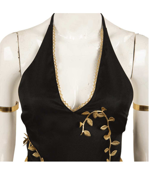 Women Black Low Cut Dress Golden Trim Fantasy Halloween Costume