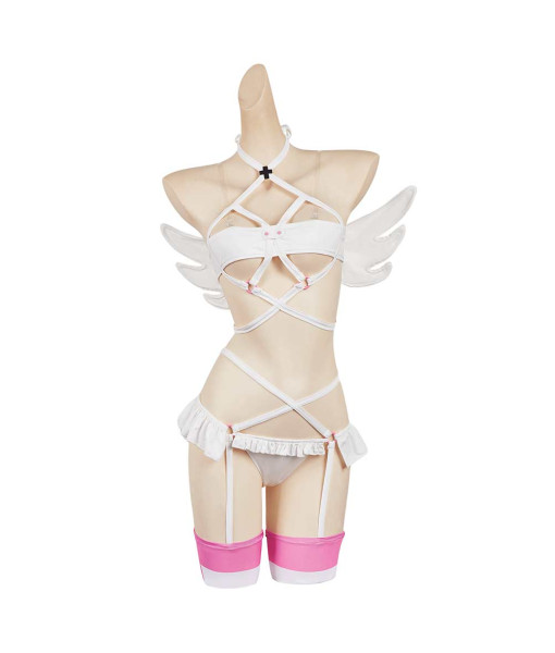 Women White Leather Sexy Angel Strip Lingerie With Wings Halloween Costume