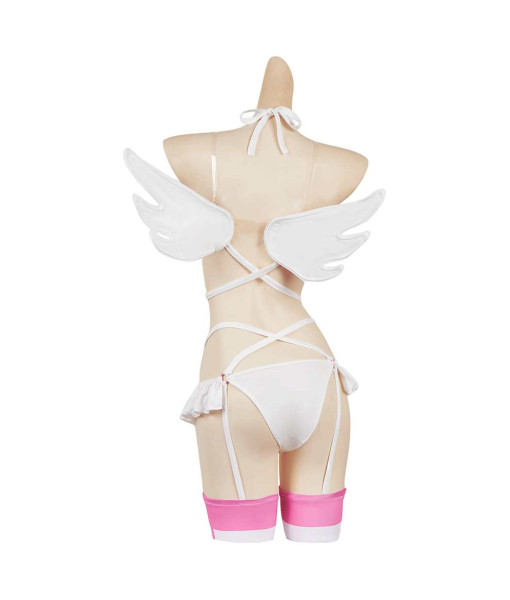 Women White Leather Sexy Angel Strip Lingerie With Wings Halloween Costume