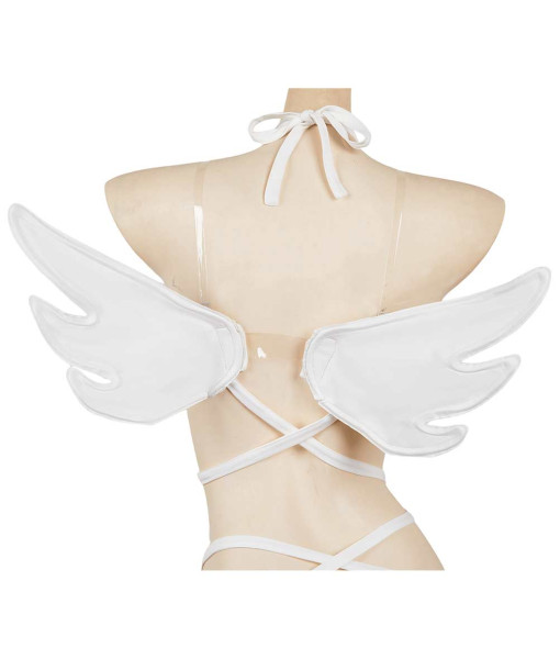 Women White Leather Sexy Angel Strip Lingerie With Wings Halloween Costume