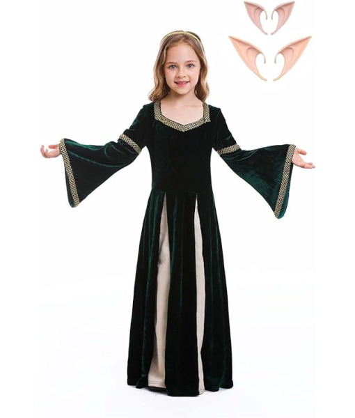 Children Medieval Dark Green Long Dress Outfits Halloween Costume