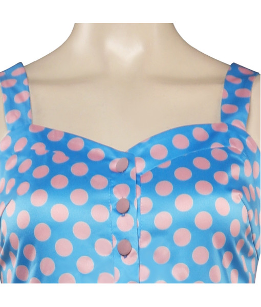 Women 70s Vintage Blue Spot Short Dress Halloween Costume