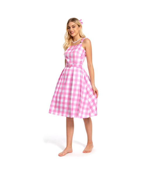 Women 60s Classic Vintage Pink Plaid Dress Halloween Costume