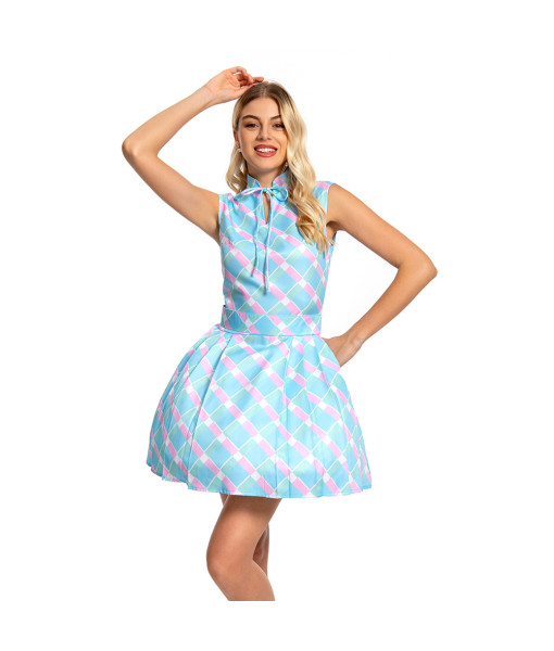 Women 80s Retro Stripes Blue Dress Party Dress Halloween Stage Costume