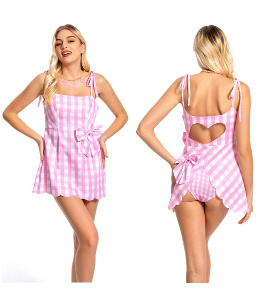 2023 Doll Movie Classic Vintage Pink Plaid Dress Swimsuit Cosplay Costume