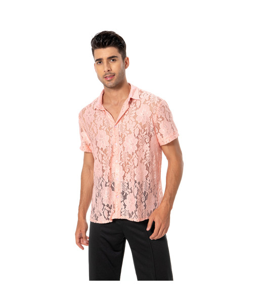 Men 1980s Pink Lace Shirt Rockstar Halloween Costume