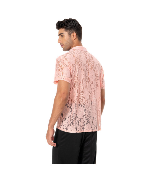 Men 1980s Pink Lace Shirt Rockstar Halloween Costume