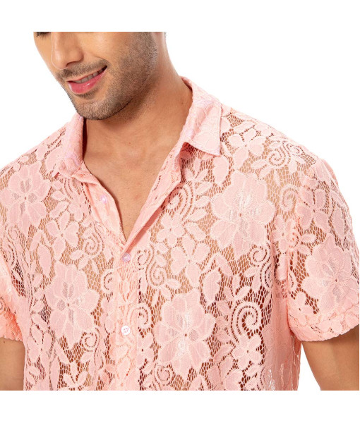 Men 1980s Pink Lace Shirt Rockstar Halloween Costume