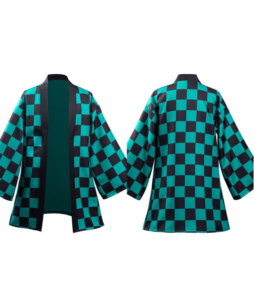Men Black and Green Plaid Samurai Kimono Cloak with Earrings Halloween Costume