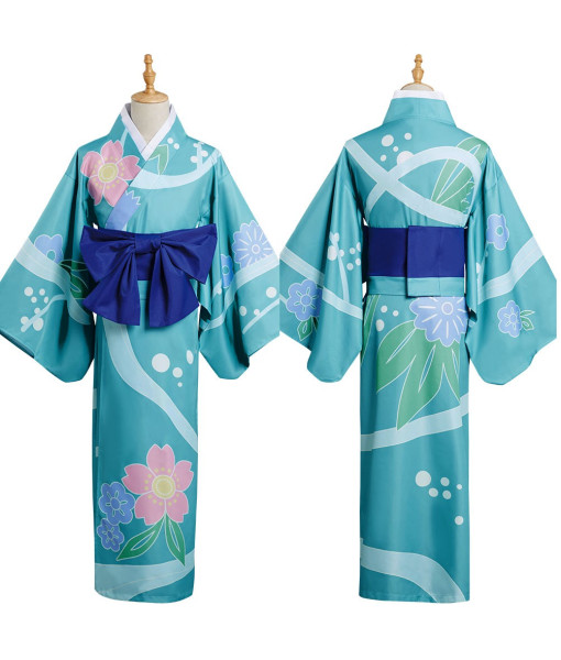 Women Blue Printed Kimono Japanese Tranditional Yukata Halloween Costume