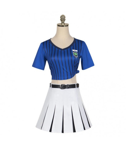 Women Blue Top White Short Skirt Cheerleader Uniform Halloween Costume