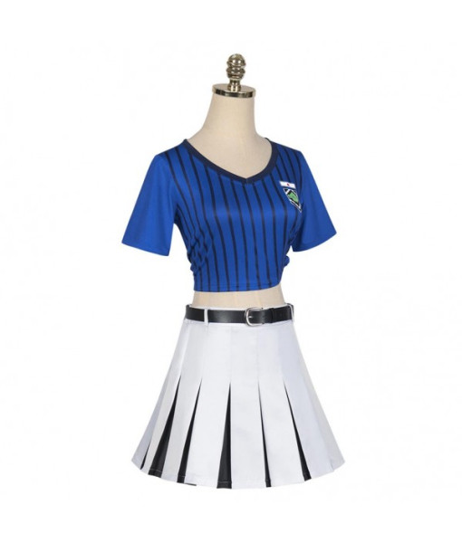 Women Blue Top White Short Skirt Cheerleader Uniform Halloween Costume