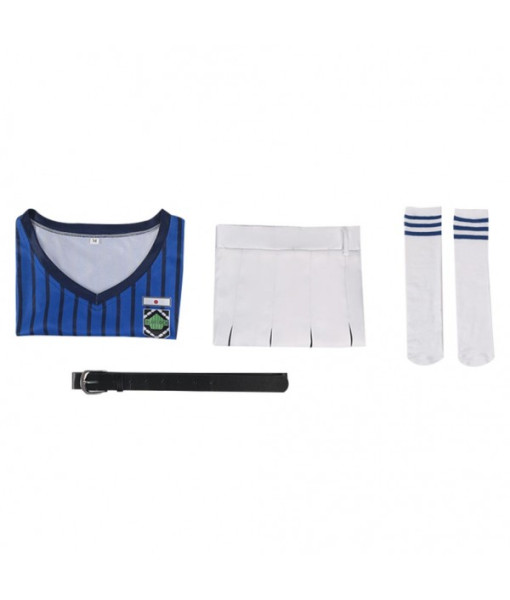 Women Blue Top White Short Skirt Cheerleader Uniform Halloween Costume