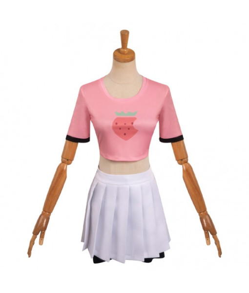 Women Pink Stawberry T-Shirt White Skirt Outfit Sportwear Casual Outfit