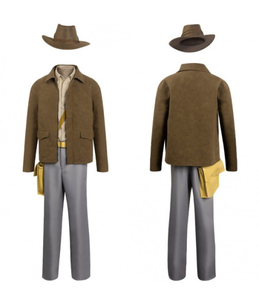 Men Brown Coat Jacket Adventurer Cowboy Hat Fullset Halloween Costume