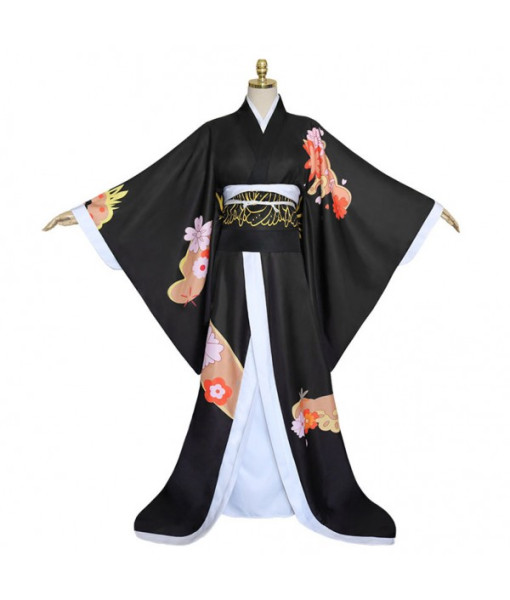 Women Black Printed Trim Kimono Long Dress Halloween Costume