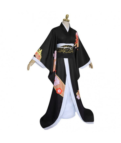 Women Black Printed Trim Kimono Long Dress Halloween Costume