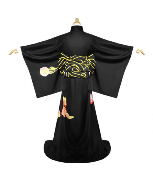 Women Black Printed Trim Kimono Long Dress Halloween Costume