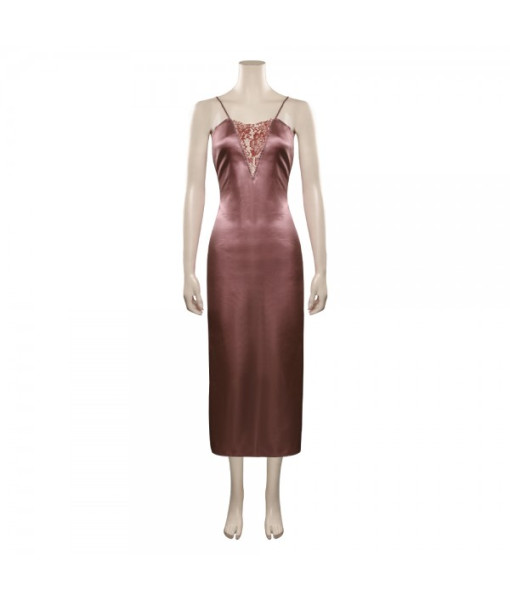 Women Dark Nude Color Silk Nightdress Hollow Design Sexy Lingerie