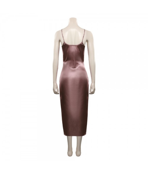 Women Dark Nude Color Silk Nightdress Hollow Design Sexy Lingerie