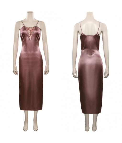 Women Dark Nude Color Silk Nightdress Hollow Design Sexy Lingerie