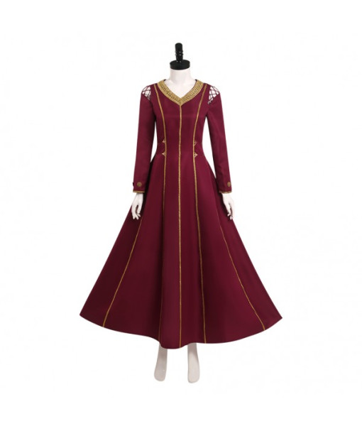 Women Medieval Fantasy Palace Golden Strip Red Dress V Neck Halloween Costume