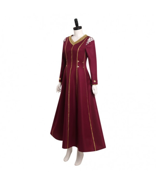 Women Medieval Fantasy Palace Golden Strip Red Dress V Neck Halloween Costume