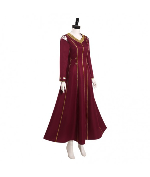 Women Medieval Fantasy Palace Golden Strip Red Dress V Neck Halloween Costume