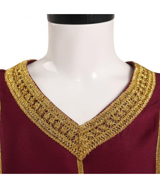 Women Medieval Fantasy Palace Golden Strip Red Dress V Neck Halloween Costume