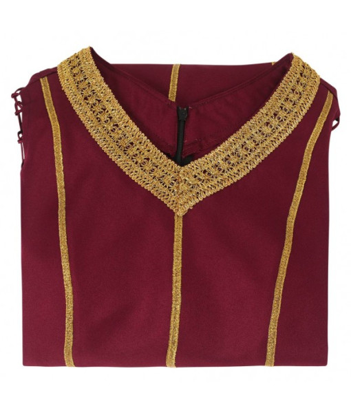 Women Medieval Fantasy Palace Golden Strip Red Dress V Neck Halloween Costume